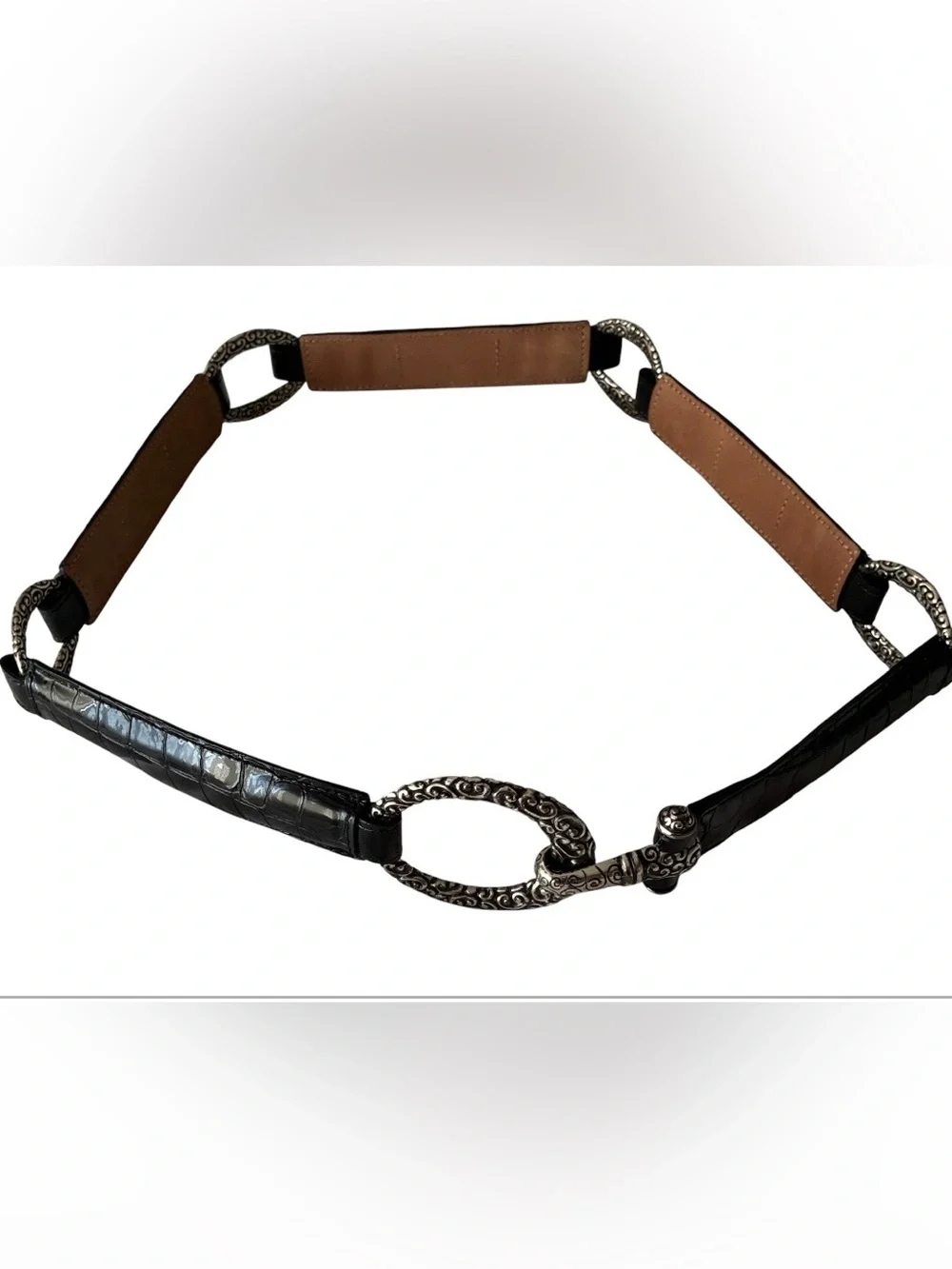 Brighton Black Croc Embossed Patent Leather Hook‎ Belt size 36